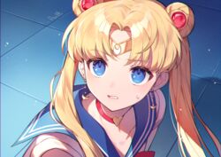  artist_name azit_(down) bishoujo_senshi_sailor_moon bishoujo_senshi_sailor_moon_s blonde_hair blue_eyes blue_sailor_collar breasts choker cleavage collarbone commentary_request crescent crescent_earrings derivative_work diadem double_bun earrings female hair_bun hair_over_shoulder heart heart_choker highres jewelry long_hair magical_girl meme red_choker sailor_collar sailor_moon sailor_moon_redraw_challenge_(meme) sailor_senshi_uniform screenshot_redraw solo tsukino_usagi twintails upper_body 