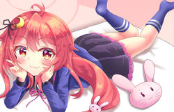  ahoge blue_shirt blue_socks crescent crescent_hair_ornament female frilled_skirt frills hair_ornament kantai_collection kneehighs long_hair long_sleeves low-tied_long_hair lying miniskirt on_stomach pink_hair pleated_skirt purple_skirt rabbit_hair_ornament red_eyes school_uniform serafuku shirt sills skirt socks solo the_pose uzuki_(kancolle) 