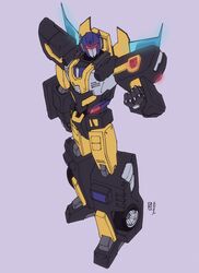  1boy absurdres assault_visor autobot clenched_hand commission english_commentary from_above goldbug_(transformers) highres horns insignia lextodrawstuff looking_up mecha no_humans purple_background robot science_fiction solo standing transformers transformers_shattered_glass 