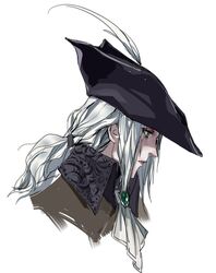  ascot bloodborne closed_mouth collared_jacket female from_side gem green_eyes hat hat_feather highres jacket jewelry lady_maria_of_the_astral_clocktower long_hair pilgrim_(silentreverie) ponytail simple_background solo tricorne white_background white_hair 