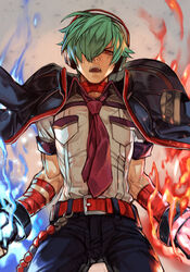  1boy aura bandages belt black_jacket blue_fire capelet choker fingerless_gloves fire gloves green_hair hair_over_one_eye headphones high_collar hungry_clicker jacket jacket_on_shoulders male_focus necktie red_belt red_eyes shun&#039;ei solo the_king_of_fighters 