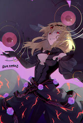  absurdres ahoge black_gloves black_legwear blonde_hair blurry bracelet breasts cape circlet cleavage colored_eyelashes commentary_request cowlick dress female flower gem gloves grin highres isabeau_de_baviere_(madoka_magica) jewelry long_dress long_hair magia_record:_mahou_shoujo_madoka_magica_gaiden magical_girl mahou_shoujo_madoka_magica mahou_shoujo_tart_magica medium_breasts messy_hair necklace official_alternate_costume purple_flower purple_rose queen red_eyes ring rose smile solo strapless strapless_dress tall_female un_nm5sy wavy_hair 