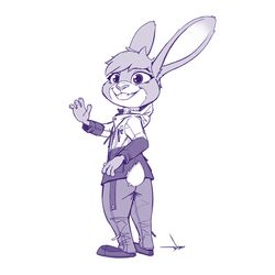  1:1 2020 anthro ass bottomwear buckteeth butt_pose clothed clothing ear_tuft english_text footwear fully_clothed fur gesture grin hi_res hoodie lagomorph leporid looking_at_viewer mammal monochrome pants pose purple_theme rabbit rear_view rena_foxtrot_(reno_foxtrot) samur_shalem scut_tail shoes short_tail signature simple_background smile solo standing tail teeth text text_on_clothing text_on_hoodie text_on_topwear topwear tuft waving white_background 