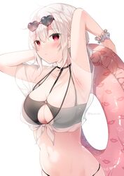  armpits arms_up azur_lane bad_id bad_twitter_id bikini black_bikini breasts cleavage closed_mouth eyewear_on_head female front-tie_top halterneck heart heart-shaped_eyewear highres innertube large_breasts looking_at_viewer mafuyu_(chibi21) navel o-ring o-ring_bikini official_alternate_costume red_eyes see-through shirt short_hair simple_background sirius_(azur_lane) sirius_(scorching-hot_seirios)_(azur_lane) skindentation solo stomach string_bikini sunglasses swim_ring swimsuit upper_body white_background white_hair wrist_cuffs 