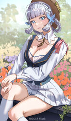  blue_eyes blue_hair blunt_bangs blunt_tresses braid breasts cleavage collar female flower genshin_impact hair_flower hair_ornament hat hat_flower highres kamisato_ayaka kamisato_ayaka_(springbloom_missive) kneehighs light_blue_hair light_smile long_sleeves medium_breasts mixed-language_commentary nocta_felis official_alternate_costume official_alternate_hairstyle parted_lips pleated_skirt puffy_long_sleeves puffy_sleeves sitting skirt socks solo white_collar white_skirt white_socks 