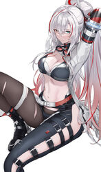  alpha_(punishing:_gray_raven) arm_behind_head asymmetrical_legwear black_bra black_pantyhose blazingchaos bra breasts cleavage closed_mouth commentary commission crossed_bangs english_commentary eyewear_around_neck female gradient_hair grey_eyes grey_hair grey_jacket hair_between_eyes hand_on_own_head heterochromia highres jacket large_breasts long_hair lucia:_crimson_weave_(punishing:_gray_raven) mechanical_arms multicolored_hair navel open_clothes open_jacket pantyhose ponytail punishing:_gray_raven red_eyes red_hair sidelocks single_leg_pantyhose sitting solo streaked_hair underwear very_long_hair white_background 