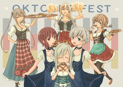  6+girls absurdres alcohol alternate_costume apron barmaid beer beer_mug bismarck_(kancolle) black_pantyhose blonde_hair blouse blue_eyes bodice braid brown_eyes brown_hair country_connection cowboy_shot cross cup dirndl dress eating food german_clothes graf_zeppelin_(kancolle) green_apron grey_hair highres iron_cross kantai_collection looking_at_viewer mug multiple_girls official_alternate_costume oktoberfest pantyhose pinafore_dress plaid plaid_apron pot-de pretzel prinz_eugen_(kancolle) puffy_short_sleeves puffy_sleeves sausage shirt short_hair short_sleeves skirt sleeveless sleeveless_dress twin_braids twintails u-511_(kancolle) underbust waist_apron waitress z1_leberecht_maass_(kancolle) z1_leberecht_maass_(oktoberfest_mode)_(kancolle) z3_max_schultz_(kancolle) 