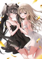  2girls backless_dress backless_outfit bad_id bad_pixiv_id bare_shoulders black_dress black_eyes black_hair black_ribbon breasts brown_eyes brown_hair cleavage collarbone commentary cowboy_shot dress falling_leaves floating_hair hair_between_eyes hair_ribbon highres holding_hands leaf long_hair looking_at_viewer medium_hair multiple_girls off_shoulder open_mouth original parted_lips ribbon sidelocks simple_background sleeveless smile symbol-only_commentary thighs twintails weri white_background white_dress yellow_leaves 