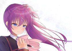  absurdres ahoge black_jacket blue_eyes bow bowtie closed_mouth collared_shirt crying crying_with_eyes_open female floating_hair hair_between_eyes hair_bobbles hair_ornament hairclip highres jacket little_busters! little_busters!_school_uniform long_hair long_sleeves pink_bow pink_bowtie purple_hair rgrey00 saigusa_haruka school_uniform shirt side_ponytail smile solo tears upper_body very_long_hair white_background white_shirt wing_collar 