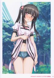  absurdres black_hair blush bow comiket_102 denim denim_shorts dress english_text eyelashes female fujikawa_daichi hair_ornament hairbow highres long_hair looking_at_viewer navel pink_dress pink_eyes puffy_short_sleeves puffy_sleeves senki_zesshou_symphogear short_sleeves shorts solo standing tsukuyomi_shirabe twintails 