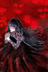  black_dress black_hair closed_eyes dress female flower highres interlocked_fingers long_hair long_sleeves open_mouth osaragi_(sakamoto_days) own_hands_clasped own_hands_together partially_submerged red_background red_flower sakamoto_days see-through see-through_sleeves solo sonono71 spider_lily veil water 