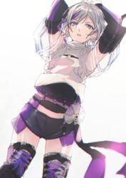  :o arm_strap black_footwear black_shorts boots contender_(girls&#039;_frontline) cross-laced_footwear elbow_gloves female girls&#039;_frontline gloves hair_between_eyes lace-up_boots multicolored_hair open_mouth purple_eyes purple_hair satsumi see-through see-through_sleeves short_hair short_sleeves shorts simple_background solo streaked_hair thigh_boots thighhighs white_background zettai_ryouiki 