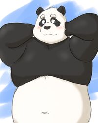  2021 4:5 anthro bear belly black_body black_fur black_nose blush fur giant_panda hi_res humanoid_hands kemono male mammal navel overweight overweight_anthro overweight_male solo white_body white_fur yaki_atsuage 