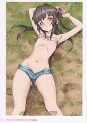  absurdres black_hair blush bow breasts comiket_102 denim denim_shorts english_text eyelashes female fujikawa_daichi hair_ornament hairbow highres long_hair looking_at_viewer navel open_fly pink_eyes senki_zesshou_symphogear shorts small_breasts socks solo tsukuyomi_shirabe twintails 