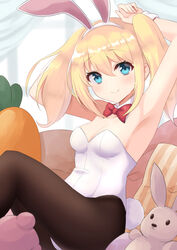  animal_ears black_pantyhose blonde_hair blue_eyes bow bowtie breasts carrot commentary_request cowboy_shot detached_collar fake_animal_ears female furutori highres leotard long_hair medium_breasts original pantyhose pillow playboy_bunny rabbit_ears rabbit_tail red_bow red_bowtie sitting solo strapless strapless_leotard stuffed_animal stuffed_rabbit stuffed_toy tail twintails white_leotard wrist_cuffs 