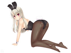  absurdres all_fours animal_ears ass back-seamed_legwear black_leotard black_pantyhose blonde_hair commentary_request fake_animal_ears fate/kaleid_liner_prisma_illya fate_(series) female highres illyasviel_von_einzbern leotard long_hair looking_at_viewer pantyhose playboy_bunny rabbit_ears rabbit_tail red_eyes sainohikari seamed_legwear simple_background smile solo strapless strapless_leotard tail white_background wrist_cuffs 