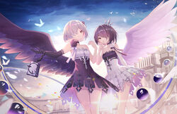  2girls beatrice_(masterwork_apocalypse) black_dress black_flower black_gloves black_hair black_neckwear black_ribbon black_rose black_vs_white black_wings book breasts brown_eyes chains chinese_commentary choker commentary contrast crown dress elbow_gloves finger_to_mouth flower gloves hair_over_one_eye hand_up highres looking_at_viewer looking_away masterwork_apocalypse medium_hair multiple_girls one_eye_covered reverse_palettes ribbon rose shimutsuki siblings single_elbow_glove single_glove single_wing sky small_breasts smile standing strapless strapless_dress twins virgil_(masterwork_apocalypse) white_dress white_flower white_gloves white_hair white_ribbon white_rose white_wings wings 