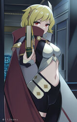  absurdres black_pants blonde_hair book breasts brown_cape cape citrinne_(fire_emblem) commentary_request cowboy_shot earrings female fire_emblem fire_emblem_engage high_collar highres holding holding_book hoop_earrings indoors jewelry large_breasts leggings looking_at_viewer midriff namu_(112namu) navel pants red_eyes sage_outfit_(fire_emblem_engage) short_hair solo standing stomach thighs twitter_username wing_hair_ornament 