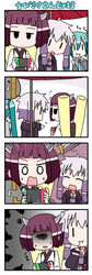  3girls aqua_hair aqua_necktie backpack bag bangs bare_shoulders black_eyes black_jacket black_sleeves blunt_bangs brown_hair chibi chibi_miku commentary criss-cross_halter detached_sleeves dress eating emphasis_lines grey_shirt hair_ornament hair_tubes halterneck handheld_game_console hatsune_miku headgear highres holding holding_handheld_game_console jacket japanese_clothes jitome kimono kiritanpo_(food) long_hair minami_(colorful_palette) multiple_girls necktie nintendo_switch notice_lines obi open_mouth parasol playing_games pointing purple_dress purple_hair randoseru sash shaded_face shirt short_hair short_hair_with_long_locks shoulder_tattoo sidelocks sleeveless sleeveless_shirt solid_oval_eyes speech_bubble squiggle surprised sweat tattoo toothpick touhoku_kiritan translated twintails umbrella v-shaped_eyebrows very_long_hair vocaloid voiceroid white_kimono yuzuki_yukari |_| 