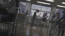  4girls 5boys asagiri_minori black_eyes black_hair blouse blunt_bangs bowl_cut brown_hair bullying ceiling_light classroom closed_mouth commentary_request desk dutch_angle extra gakuran highres holding indoors kageyama_shigeo laughing light_purple_hair long_sleeves looking_at_another meipu_hm milk mob_psycho_100 multiple_boys multiple_girls muted_color pleated_skirt school_uniform shirt short_hair sitting skirt smile spilled_milk standing tile_floor tiles tray white_shirt window 