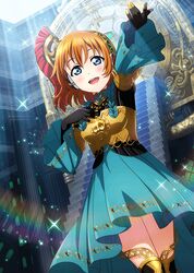  :d armor blue_eyes breastplate cosplay dress female gloves greaves hand_on_own_chest headset kosaka_honoka light_rays lion_head_(ornament) love_live! love_live!_school_idol_festival love_live!_school_idol_project official_alternate_costume official_art orange_hair outstretched_arm palladion palladion_(cosplay) persona persona_3 plume smile stairs tartarus 