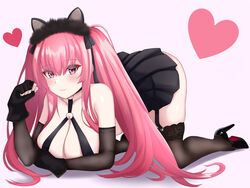  absurdres all_fours animal_ears azur_lane bare_shoulders black_choker black_dress black_garter_straps black_thighhighs breasts cat_ears choker cleavage comotaro detached_sleeves dress fake_animal_ears female fingerless_gloves full_body garter_straps gloves heart highres la_galissonniere_(azur_lane) la_galissonniere_(black_cat_of_all_hallows&#039;_eve)_(azur_lane) long_hair looking_at_viewer microdress o-ring o-ring_dress official_alternate_costume pink_background pink_eyes pink_hair simple_background thighhighs twintails very_long_hair 