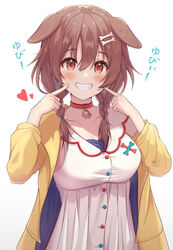  animal_collar animal_ears blush bone_hair_ornament braid breasts brown_eyes brown_hair buttons collar dog_ears dog_girl dress female fingers_to_cheeks grin hair_ornament heart highres hololive inugami_korone inugami_korone_(1st_costume) jacket large_breasts long_hair long_sleeves low_twin_braids red_collar simple_background sleeveless sleeveless_dress smile solo suicabar72 teeth twin_braids upper_body virtual_youtuber white_background white_dress yellow_jacket 