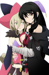  2girls bandaged_arm bandages black_coat black_hair black_sleeves blonde_hair breasts cleavage closed_mouth coat detached_sleeves flat_chest green_eyes groin hair_between_eyes hat hug kairi_(fotune) long_hair looking_at_viewer magilou_(tales) medium_breasts midriff multicolored_sleeves multiple_girls open_clothes open_coat open_mouth pink_sleeves pointy_ears simple_background stomach strapless tales_of_(series) tales_of_berseria triangle_mouth velvet_crowe very_long_hair white_background witch_hat yellow_eyes yuri 