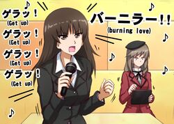  2girls angry beret black_headwear black_jacket black_ribbon blunt_bangs brown_eyes brown_hair commentary constricted_pupils dress_shirt eighth_note emphasis_lines english_text frown girls_und_panzer hat high_collar highres holding holding_microphone holding_tablet_pc indoors jacket karaoke long_hair long_sleeves mature_female microphone motion_lines multiple_girls music musical_note neck_ribbon nishizumi_shiho no_mouth omachi_(slabco) open_mouth red_jacket ribbon shimada_chiyo shirt singing sitting standing straight_hair table tablet_pc translated v-shaped_eyebrows white_shirt wing_collar 