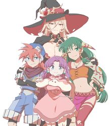  1boy 3girls absurdres bag blonde_hair blue_eyes breasts brown_eyes cleavage dress earrings feena_(grandia) feet_out_of_frame fingerless_gloves freckles gloves goggles goggles_on_head grandia grandia_i green_eyes green_hair hair_tubes hand_on_another&#039;s_shoulder handbag hat highres indo_no_gyuunyuuya jewelry justin_(grandia) large_breasts long_hair looking_at_viewer low-tied_long_hair multiple_girls navel necklace nijisanji nui_sociere nui_sociere_(1st_costume) one_eye_closed orange_hair partially_fingerless_gloves purple_hair puui_(grandia) simple_background smile sue_(grandia) thighhighs torn_clothes torn_hat torn_thighhighs virtual_youtuber white_background witch_hat 