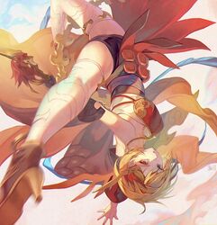  black_gloves black_shorts blonde_hair breasts collarbone djeeta_(granblue_fantasy) elbow_gloves female firedancer&#039;s_roseplume_(granblue_fantasy) gloves granblue_fantasy highres holding kiriyama2109 medium_breasts micro_shorts official_alternate_costume open_mouth orange_eyes outstretched_arms short_hair shorts solo strapless thighhighs upside-down white_thighhighs 