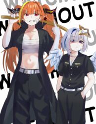  2girls absurdres alternate_costume amane_kanata angel angel_wings black_jacket black_pants black_shirt blonde_hair breasts censored censored_gesture chest_sarashi colored_inner_hair commission delinquent dragon_girl dragon_horns hair_ornament hideharu highres hololive horns jacket kiryu_coco large_breasts long_hair looking_at_viewer medium_hair middle_finger mosaic_censoring multicolored_hair multiple_girls orange_hair pants pixiv_commission sarashi shirt small_breasts star_(symbol) star_hair_ornament streaked_hair sword virtual_youtuber weapon wings wooden_sword 