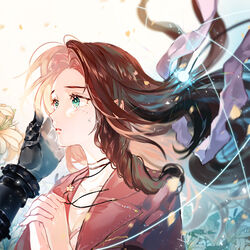  aerith_gainsborough armor black_gloves black_hair blonde_hair breasts brown_hair cleavage commentary crying crying_with_eyes_open drill_hair english_commentary female final_fantasy final_fantasy_vii final_fantasy_vii_remake floating_hair flower glint gloves glowing green_eyes hair_down hair_ribbon hair_undone interlocked_fingers jacket jewelry lily_(flower) long_hair looking_away multicolored_hair necklace out_of_frame own_hands_together parted_lips petals praying reaching ribbon sad shell_(shell518) side_drill solo_focus streaked_hair tears two-tone_hair upper_body 