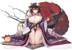  ? azur_lane bare_shoulders breasts brown_hair cleavage cow_girl cow_horns feifeifeihai female full_body highres holding horns huge_breasts instrument japanese_clothes kashino_(azur_lane) kashino_(robust_floral_strings)_(azur_lane) kimono kneeling long_hair long_sleeves looking_at_viewer manjuu_(azur_lane) navel official_alternate_costume official_art oil-paper_umbrella purple_kimono shamisen solo umbrella very_long_hair wide_sleeves 