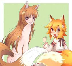  2girls :d animal_ear_fluff animal_ears ass back blonde_hair blush brown_hair clothed_female_nude_female commentary crossover english_commentary flower fox_ears fox_girl fox_tail from_behind green_background hair_between_eyes hair_flower hair_ornament holo japanese_clothes kukie-nyan long_hair looking_at_viewer looking_back miko multiple_girls nude oerba_yun_fang open_mouth red_eyes ribbon-trimmed_sleeves ribbon_trim senko_(sewayaki_kitsune_no_senko-san) sewayaki_kitsune_no_senko-san short_hair simple_background skin_fang smile spice_and_wolf tail wolf_ears wolf_girl wolf_tail yellow_eyes 