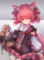  &gt;:( absurdres animal_ear_fluff animal_ears arknights closed_mouth collared_shirt commentary detached_sleeves dress_shirt female frown grey_background hair_between_eyes highres holding holding_stuffed_toy knife long_sleeves morte_(arknights) pink_skirt pleated_skirt puffy_long_sleeves puffy_sleeves red_eyes red_hair shamare_(arknights) shirt skirt solo stuffed_animal stuffed_toy tail trrcmb v-shaped_eyebrows white_shirt white_sleeves 