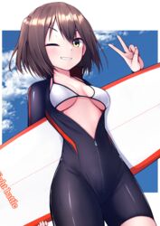  alternate_costume bikini bikini_top_only blue_sky blush bodysuit breasts brown_hair cloud commentary cowboy_shot day diving_suit female grin halterneck highres holding kantai_collection looking_at_viewer medium_breasts one_eye_closed open_mouth outdoors sendai_(kancolle) short_hair sky smile solo springsuit standing surfboard swimsuit tiemu_(man190) two-tone_bodysuit two_side_up v wet wetsuit yellow_eyes 