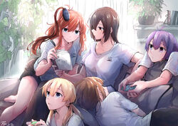  5girls absurdres alternate_costume black_hair black_shorts blonde_hair book breasts brown_hair closed_eyes closed_mouth clothes_writing controller couch game_controller hair_ornament high_side_ponytail highres holding holding_book holding_controller holding_game_controller indoors joy-con kantai_collection long_hair lying multiple_girls mutsu_(kancolle) nagato_(kancolle) nintendo_switch on_side open_mouth operation_crossroads pin.s plant playing_games ponytail prinz_eugen_(kancolle) purple_hair sakawa_(kancolle) saratoga_(kancolle) shirt short_hair short_sleeves shorts side_ponytail signature sitting smokestack_hair_ornament stay_at_home twintails 