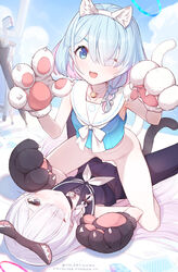  2girls animal_ears animal_hands arona_(blue_archive) bell black_choker black_eyes black_pantyhose black_sailor_collar black_serafuku blue_archive blue_eyes blue_hair blue_halo blue_shirt blush braid cat_ears cat_tail chinese_commentary choker closed_mouth colored_inner_hair commentary_request eyes_visible_through_hair gloves hair_over_one_eye halo highres jingle_bell kneeling light_blue_hair long_hair looking_at_viewer lying multicolored_hair multiple_girls neck_bell neckerchief no_pants on_back one_eye_closed open_mouth pantyhose paw_gloves paw_pose pink_hair pink_halo plana_(blue_archive) red_pupils sailor_collar school_uniform serafuku shirt short_hair single_braid sleeveless sleeveless_shirt smile spread_legs tail very_long_hair white_choker white_hair white_neckerchief white_pantyhose white_sailor_collar yellowpaint. 