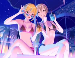  2girls bikini bikini_shorts blonde_hair brown_hair drink drinking_straw idolmaster idolmaster_cinderella_girls idolmaster_cinderella_girls_starlight_stage looking_at_viewer miyamoto_frederica multiple_girls navel nokuhashi polka_dot polka_dot_bikini pool poolside shiomi_syuko short_hair shorts sunglasses swimsuit thighs umbrella 