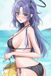  alternate_costume amyu_(amm_asl_pa) ass bad_id bad_pixiv_id bare_shoulders beach bikini black_bikini blue_archive blush breasts female halo halterneck highres long_hair looking_at_viewer medium_breasts open_mouth outdoors purple_eyes purple_hair side-tie_bikini_bottom sideboob solo string_bikini swimsuit yuuka_(blue_archive) 