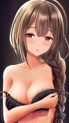  absurdres ahoge bad_id bad_twitter_id bare_shoulders black_background black_bow black_bra blush bow bra braid braided_ponytail breasts brown_eyes brown_hair collarbone commentary female hair_between_eyes hairbow highres huge_ahoge idolmaster idolmaster_shiny_colors kuwayama_chiyuki large_breasts long_hair looking_at_viewer masuku_(saint_mask) parted_lips simple_background solo strap_slip sweatdrop underwear underwear_only upper_body 