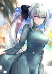  absurdres arm_at_side beach black_ribbon blue_eyes blurry braid breasts cowboy_shot day depth_of_field dutch_angle fate/grand_order fate_(series) female frown green_hair hair_ribbon hane_yuki highres large_breasts light_particles long_hair long_sleeves looking_at_viewer morgan_le_fay_(fate) palm_leaf pants ponytail ribbon side_slit sidelocks skirt_hold solo stilt_house very_long_hair vietnamese_dress 