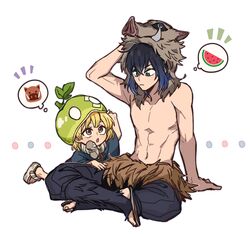  1boy absurdres black_hair blonde_hair boar_mask brown_eyes commentary crossover dcon_34 dr._stone english_commentary female food fruit full_body gradient_hair green_eyes hashibira_inosuke highres kimetsu_no_yaiba multicolored_hair pectorals sandals short_hair simple_background sitting spoken_emoji suika_(dr.stone) thought_bubble topless_male watermelon white_background 