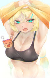  absurdres aqua_eyes armpits arms_up bababababan bad_id bad_pixiv_id black_sports_bra black_survival blonde_hair blush breasts cleavage commentary female hair_ornament hairclip highres long_hair long_sleeves looking_at_viewer low_twintails medium_breasts navel nicky_blake oerba_yun_fang open_mouth orange_sweater simple_background solo sports_bra sweat sweater sweaty_armpits symbol-only_commentary twintails undressing upper_body very_long_hair white_background 