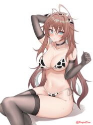  absurdres animal_ears animal_print antenna_hair arm_up armpits azur_lane bare_shoulders bikini black_choker black_gloves blue_eyes breasts brown_hair brown_thighhighs choker cleavage collarbone cow_ears cow_horns cow_print cow_print_bikini elbow_gloves fake_animal_ears fake_horns female gloves halterneck hand_up highres horns impero_(azur_lane) long_hair looking_at_viewer medium_breasts navel parfait_desu print_bikini side-tie_bikini_bottom simple_background sitting solo stomach string_bikini sweat swimsuit thighhighs thighs very_long_hair white_background white_bikini 