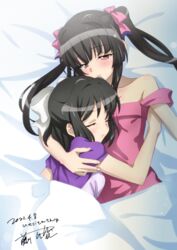  2girls bare_shoulders black_hair blush breasts closed_mouth collarbone commentary_request commission dated fujikawa_daichi hair_ribbon hug kohinata_miku long_hair looking_at_another multiple_girls red_eyes ribbon senki_zesshou_symphogear shiny_skin short_hair signature sleeping small_breasts tsukuyomi_shirabe twintails yuri 