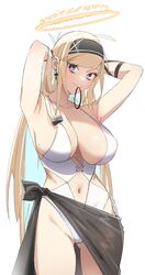  armpits arms_up bare_shoulders behalter bikini black_headband blonde_hair blue_eyes blush breasts closed_mouth clothing_cutout collarbone commentary cross cross_earrings ear_piercing earrings female halo headband highres jewelry large_breasts long_hair looking_at_viewer mole mole_on_breast navel navel_cutout original piercing raphael_(behalter) simple_background smile solo standing swimsuit white_background white_bikini 