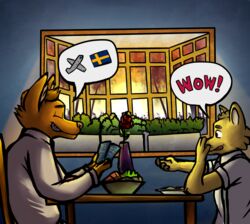  aircraft airplane anthro canid canine canis clothing dialogue domestic_dog duo english_text evening flag flower food fox fruit fur hi_res jebbthefoxy jebby kadzoo male male/male mammal plant romantic romantic_ambiance romantic_dinner rose_(flower) shiba_inu shirt speech_bubble spitz sun sweden text ticket topwear vehicle yellow_body yellow_fur 