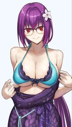  bad_id bad_pixiv_id bare_shoulders bikini breasts cleavage collarbone dress fate/grand_order fate_(series) female flower glasses green_bikini hair_between_eyes hair_flower hair_ornament hair_scrunchie highres kugiseiichi large_breasts long_hair looking_at_viewer off_shoulder ponytail purple_dress purple_hair red_eyes scathach_(fate) scathach_skadi_(fate) scathach_skadi_(swimsuit_ruler)_(fate) scathach_skadi_(swimsuit_ruler)_(final_ascension)_(fate) scathach_skadi_(swimsuit_ruler)_(second_ascension)_(fate) scrunchie smile solo sweater sweater_dress swimsuit 